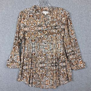 Wonderly Womens Blouse Paisley Floral Pleated Medium Stretch Roll Tab Sleeves
